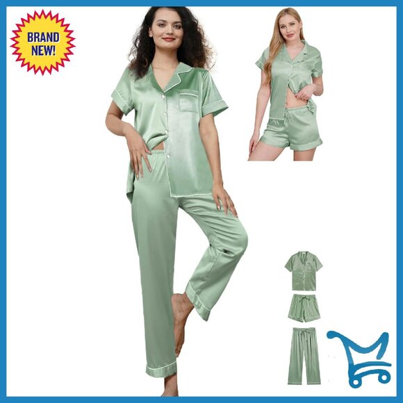 Silk Satin Pajama Set 3-Piece Sleepwear Lounge XS-XXL